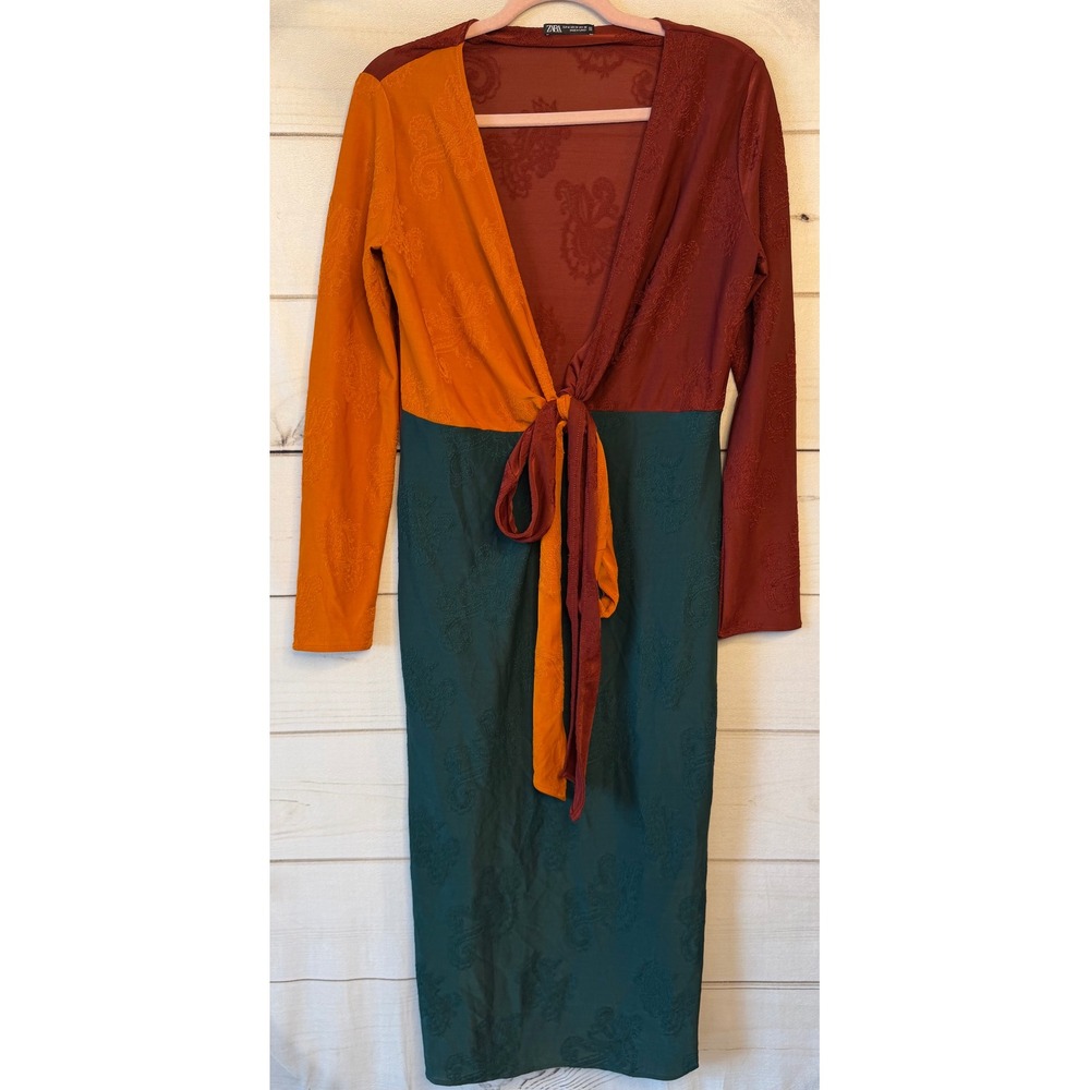 Zara Colorblock Jacquard Paisley Tie Front Midi Dress Orange Red Green Size M